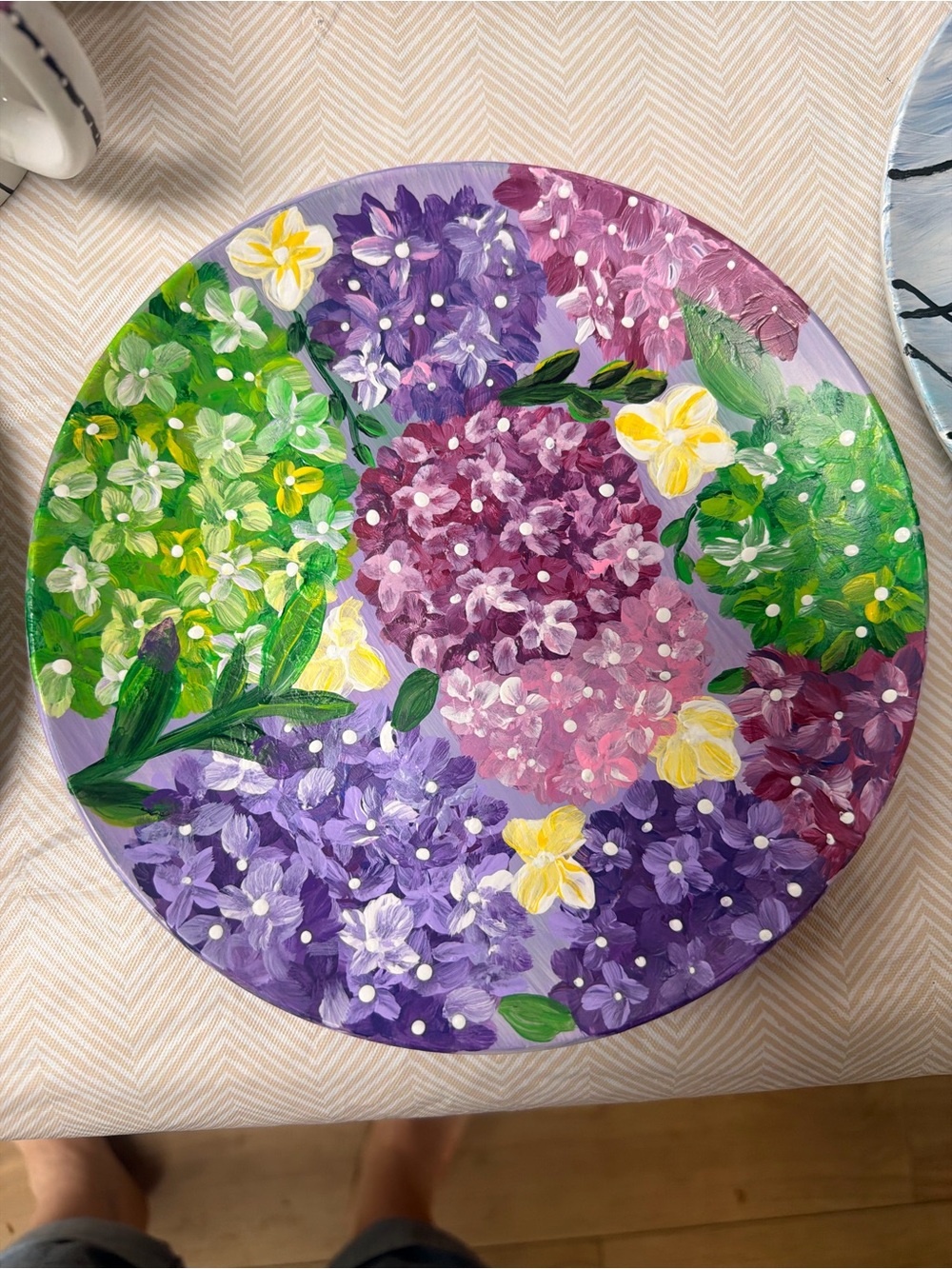 Hand-Painted by ME!  Floral Round Porcelain Plate— Hydrangeas